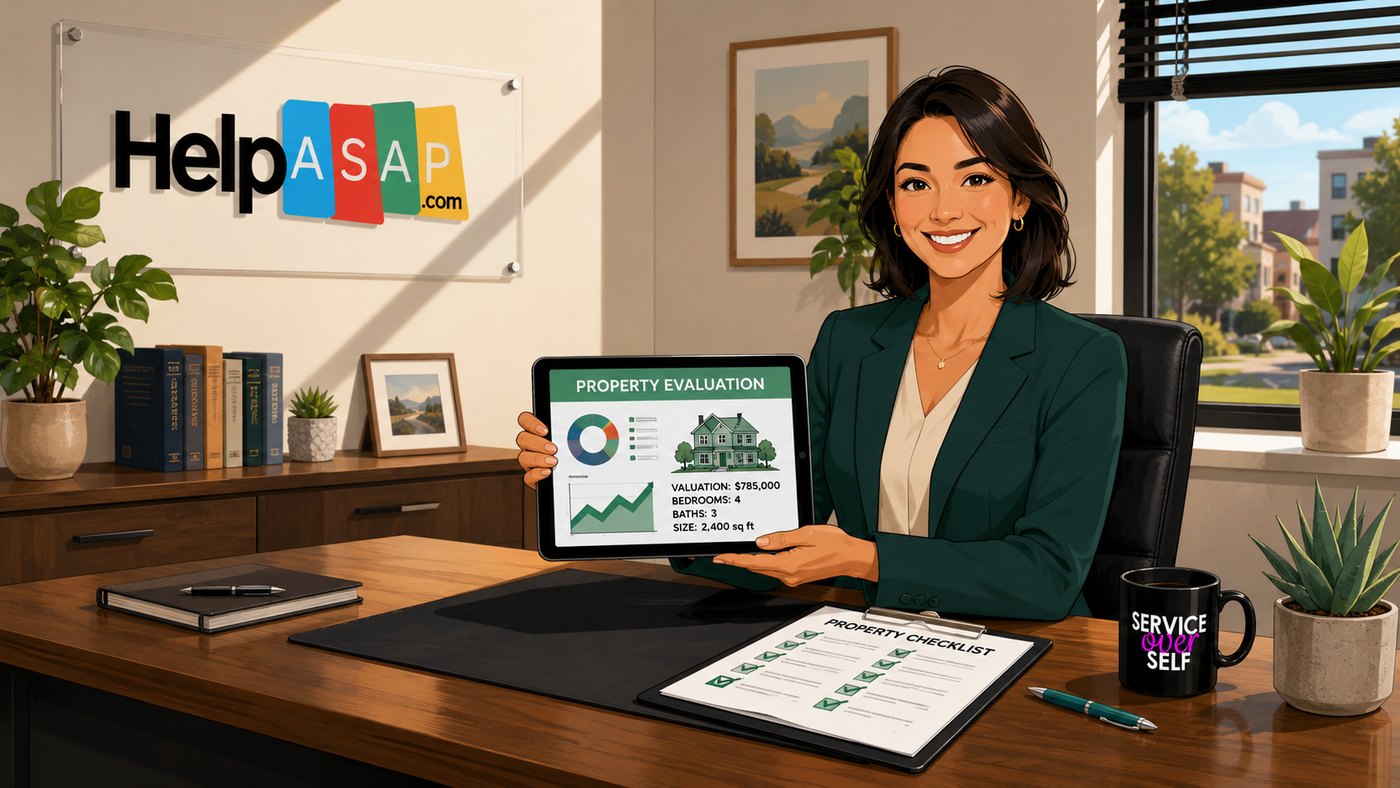 A HelpASAP advisor reviewing a homeowner's property details on a laptop during a free home assessment