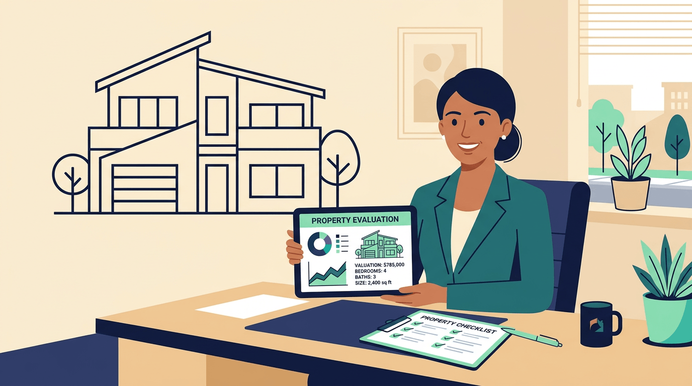 Flat vector illustration of a professional real estate advisor reviewing property evaluation on a tablet