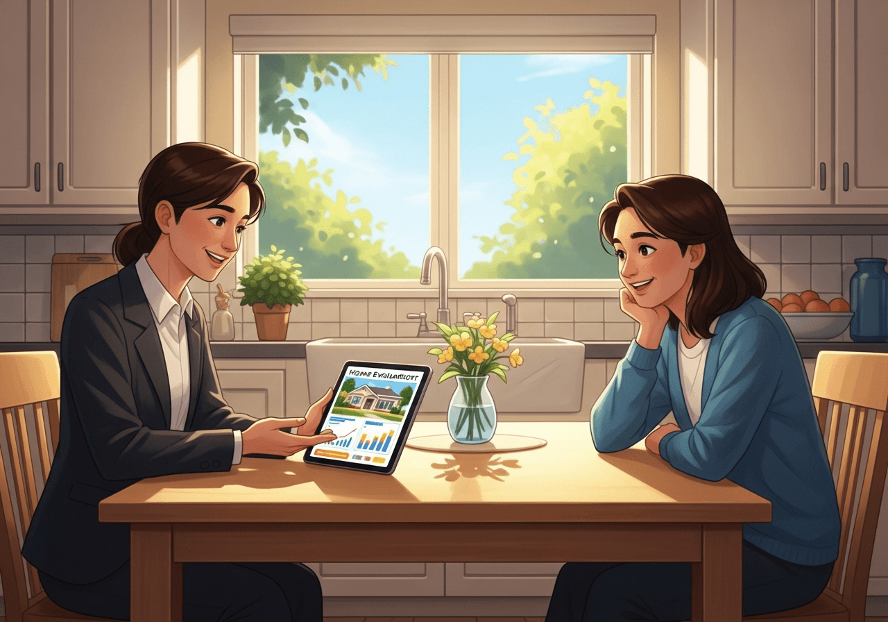Flat vector illustration of a professional real estate advisor reviewing property evaluation on a tablet