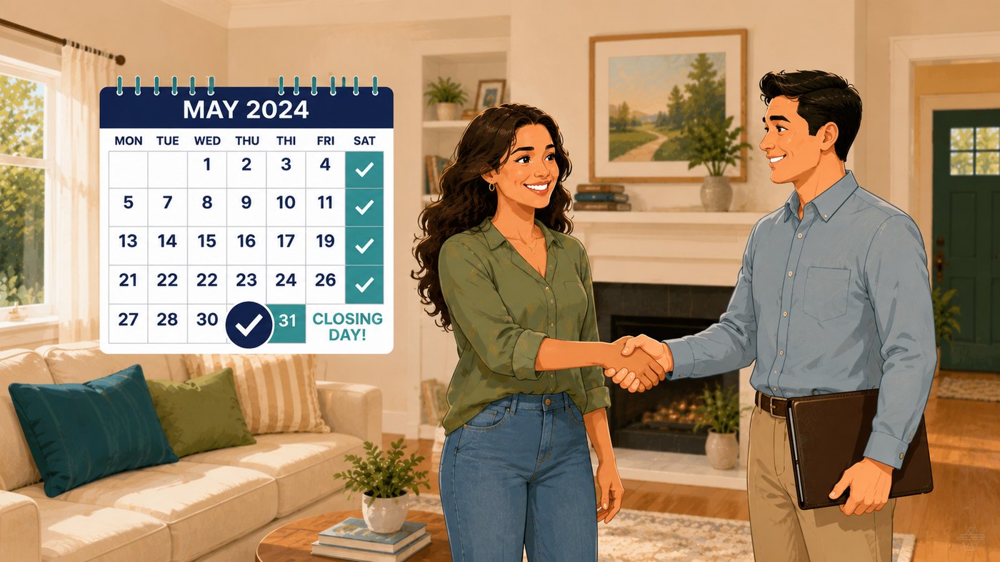 A homeowner and a HelpASAP advisor shaking hands on closing day with a calendar and house keys