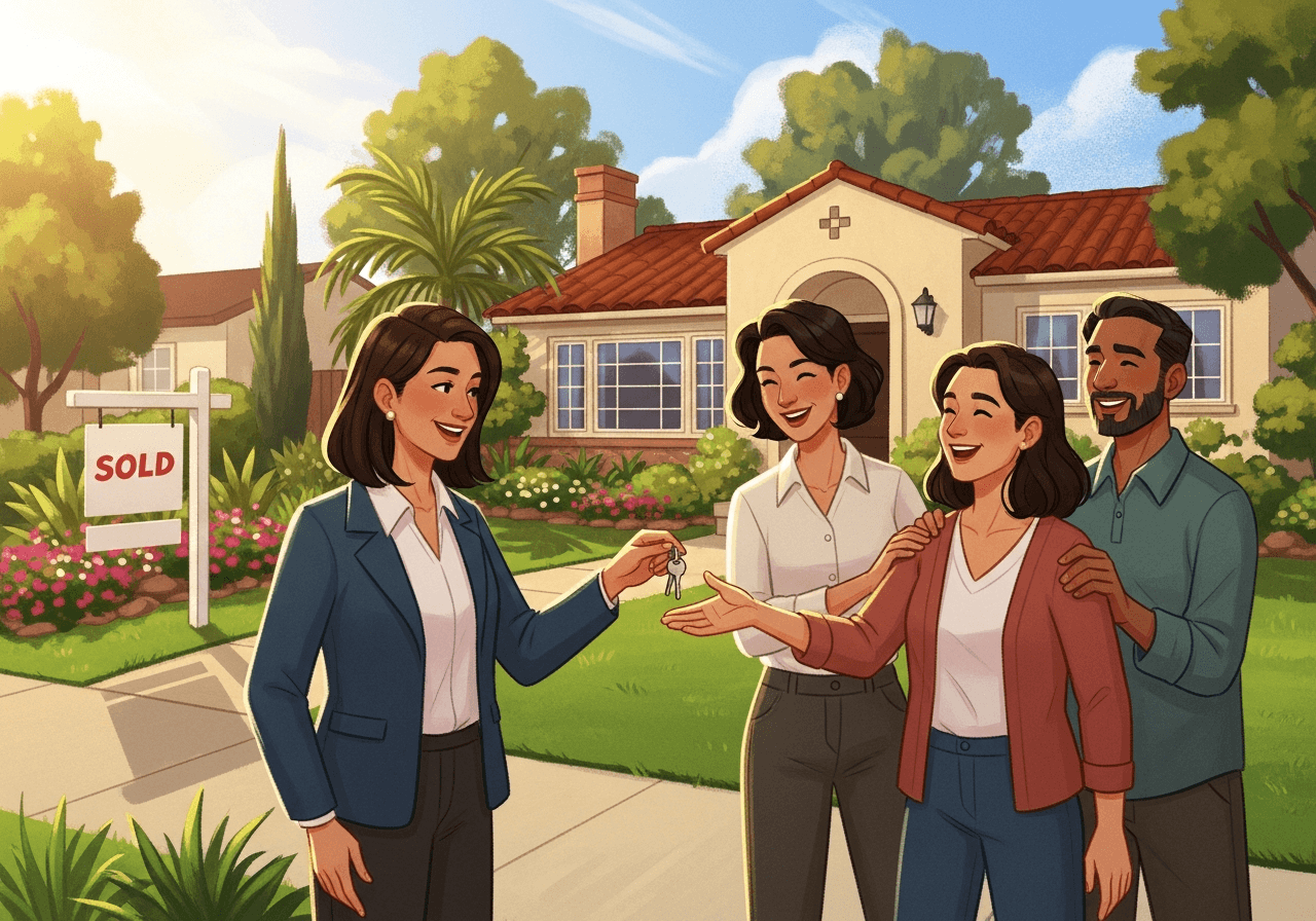Flat vector illustration of a homeowner and agent doing a handshake on closing day with calendar and keys