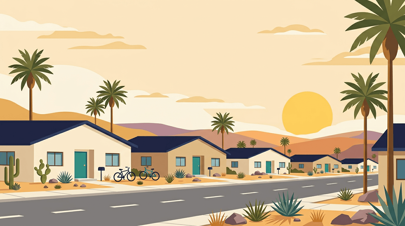 Flat vector illustration of a warm California neighborhood