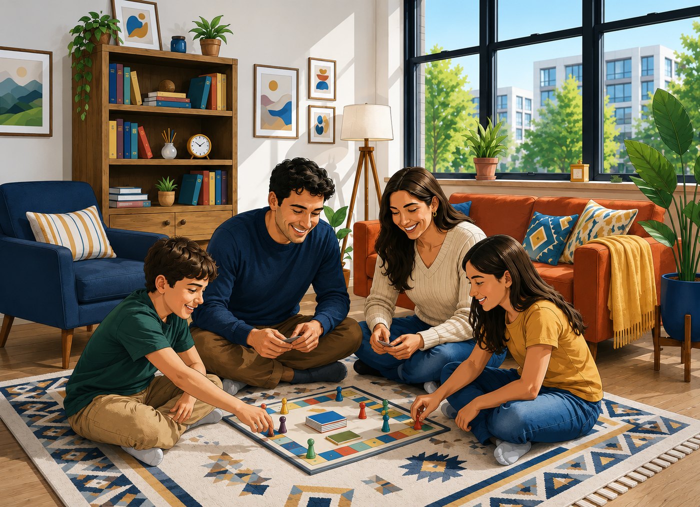 A family together in a warm, cozy living room