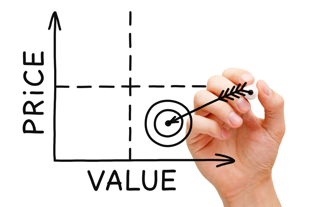 Hand drawing Price Value graph with black marker on transparent wipe board.